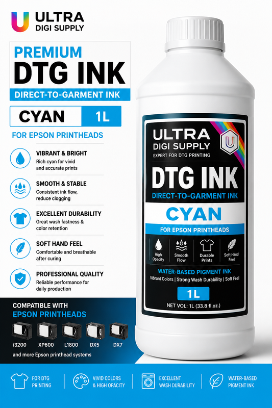 Premium cyan DTG ink one-litre bottle for garment printing