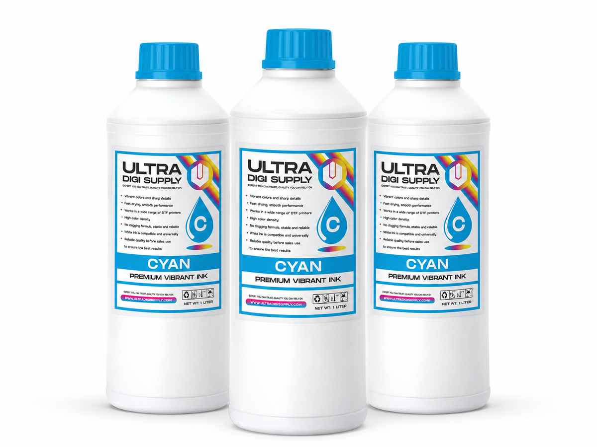 Premium cyan DTF ink one-litre bottle for transfer printing