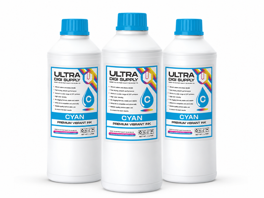 Premium cyan DTF ink one-litre bottle for transfer printing