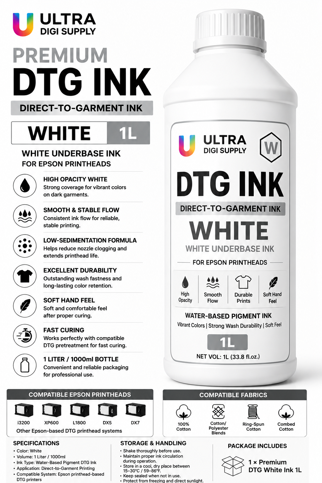 Premium white DTG ink one-litre bottle for garment printing